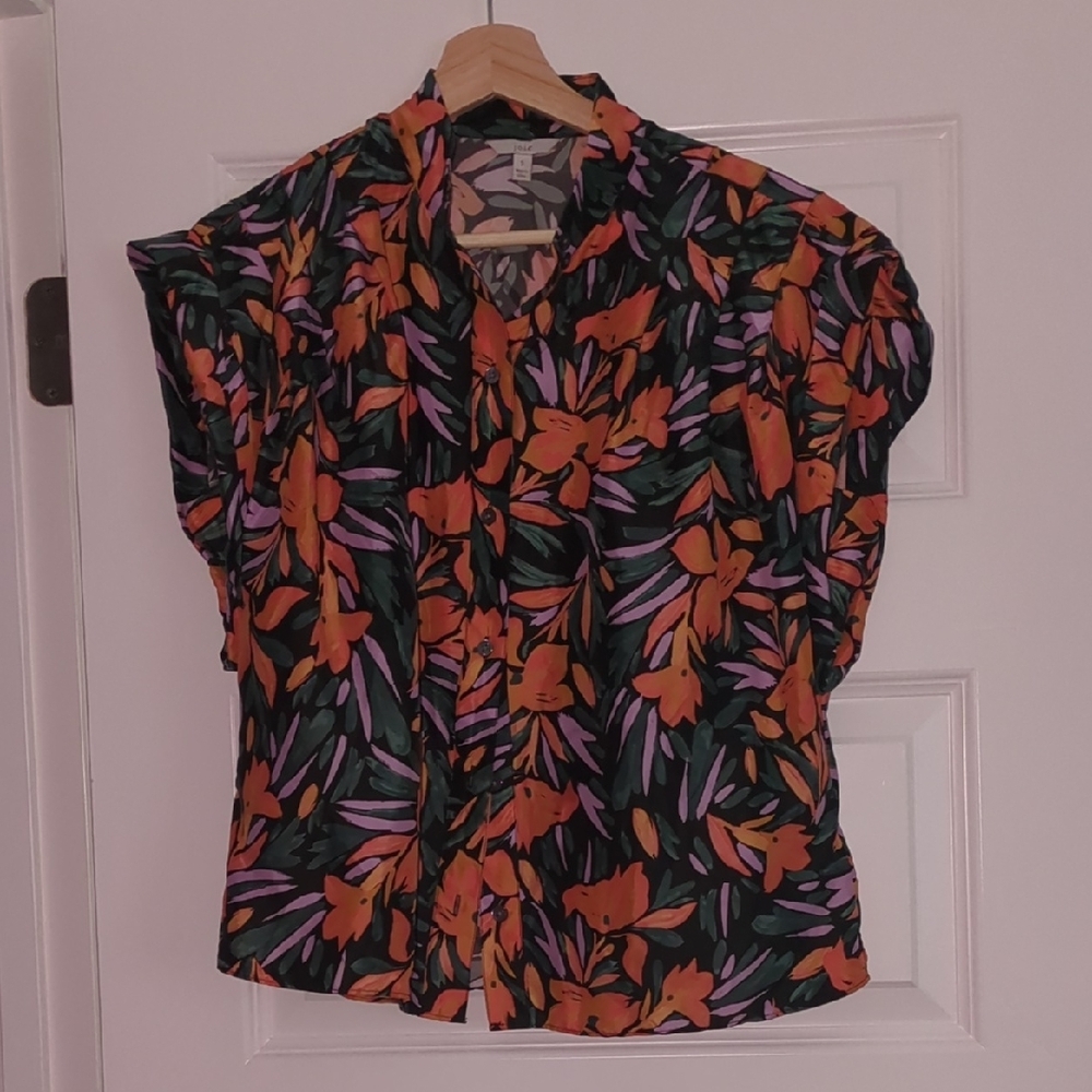 Joie Black and Orange Cap Sleeve Button Down Shirt